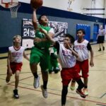 Youth basketball player leaps for a layup amid defenders.