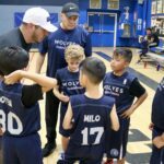 Youth basketball team huddles before a game in a gym.