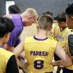 Youth basketball team huddles during a game or practice.