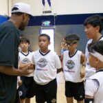 Coach giving instructions to young basketball players during practice.