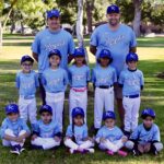 Youth baseball team posing in light blue uniforms outdoors.