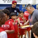 Coach instructing young basketball players in red jerseys.