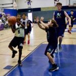 A young basketball player attempts a layup while defenders try to block.