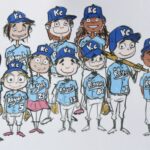 Cartoon caricatures of baseball players wearing Kansas City Royals uniforms.