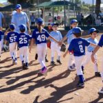 Young baseball players high-fiving after a game on a sunny day.