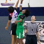 Two basketball players jump for the ball during a tip-off as the referee watches.