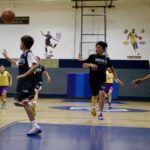 Kids playing basketball in a gymnasium.